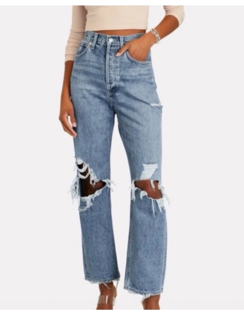 Agolde Light Blue Distressed High-Rise Straight Leg Jeans
